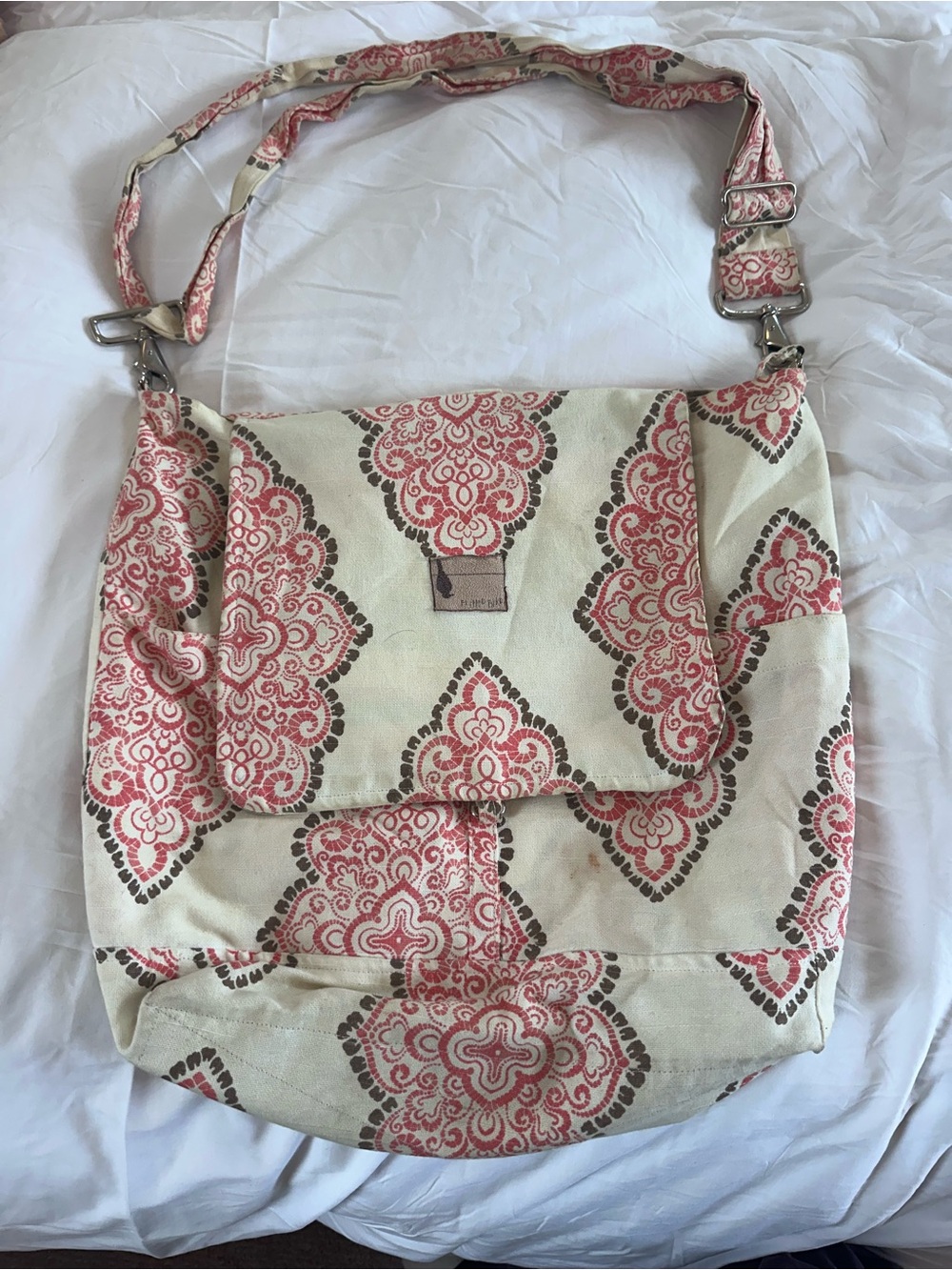 Canvas Crossbody/Backpack Bag in Cream Reversible with Coral Print